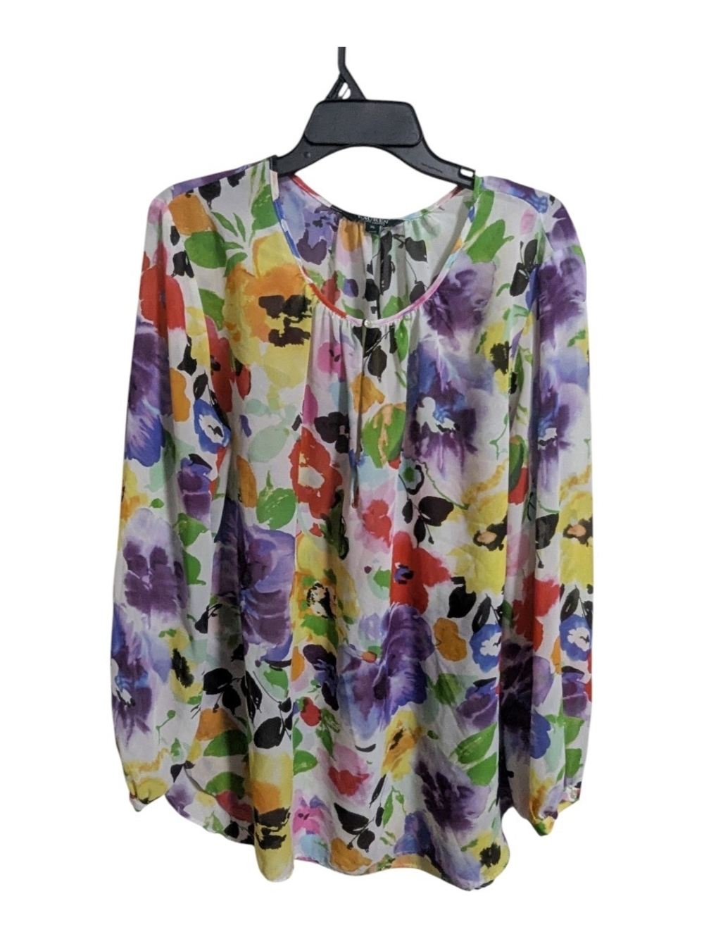 Lauren Ralph Lauren Women's Blouse Sz XL Floral Long Sleeve Sheer Purple W-274